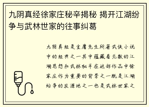 九阴真经徐家庄秘辛揭秘 揭开江湖纷争与武林世家的往事纠葛